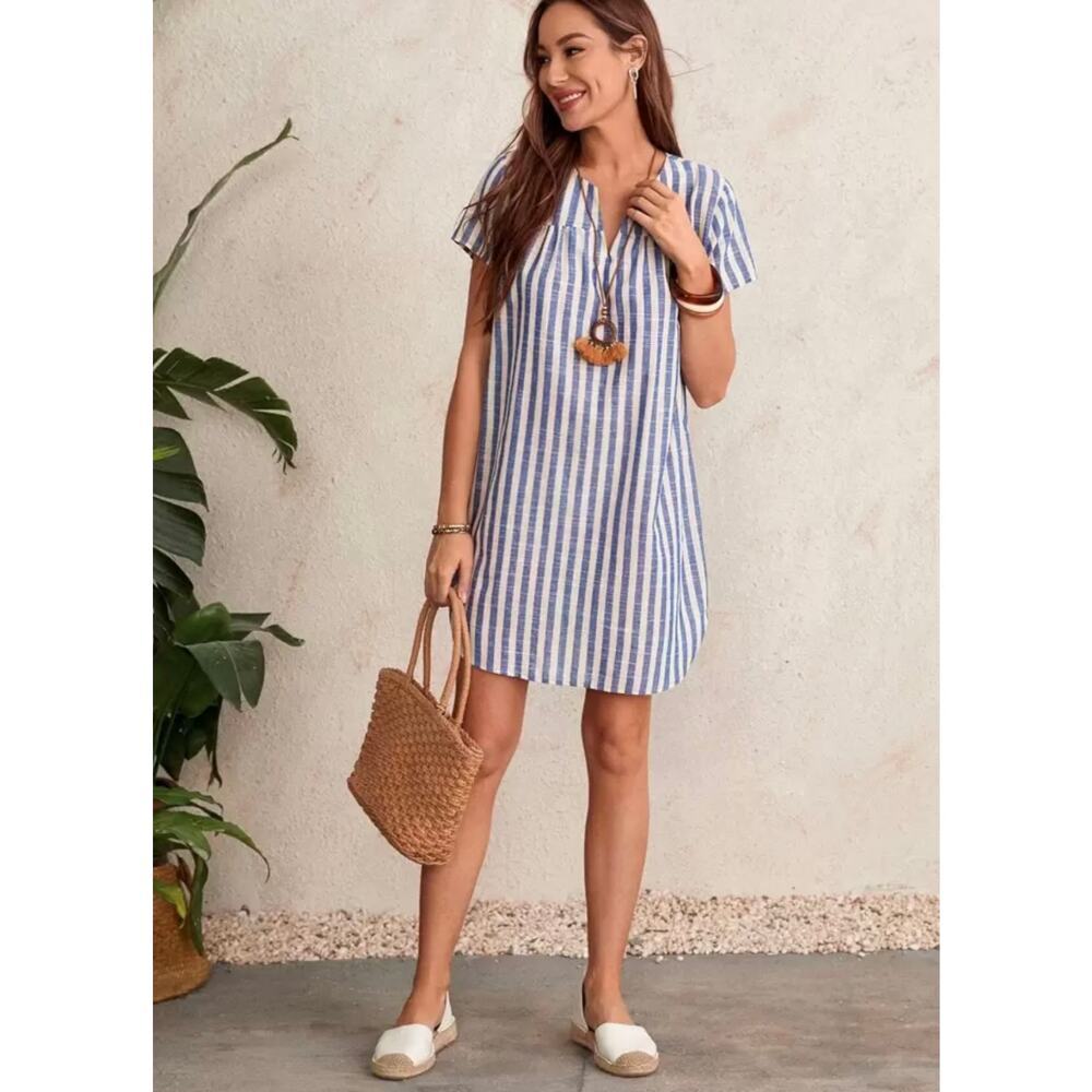 Emery Rose Large Blue White Striped Shift Mini Dress Nautical Coastal Chic Beach